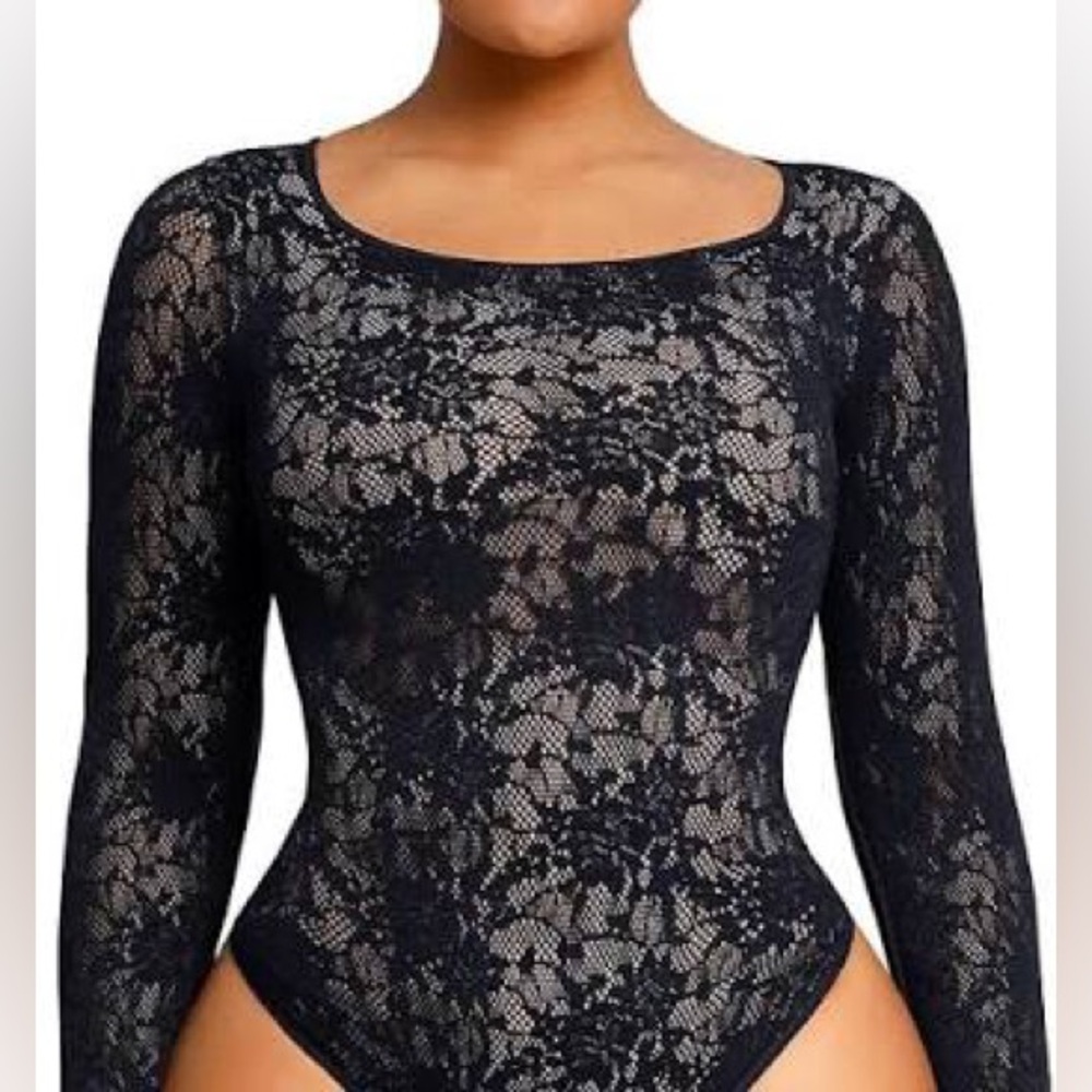 Sheer Black Long-Sleeve Lace Bodysuit